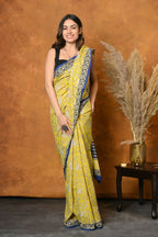Very Much Indian Handblock Printed Cotton Saree With Natural Dyes - Green | Grocsy