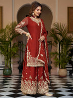 Joban Fashion Red Silk Embroidered Sharara Set | Grocsy