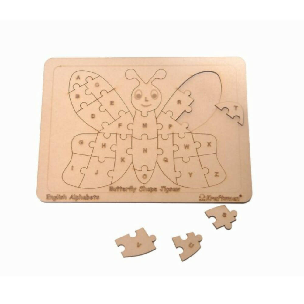 Kraftsman English Alphabets Wooden Jigsaw Puzzles Butterfly Shape Puzzle | Color Kit Included | Grocsy