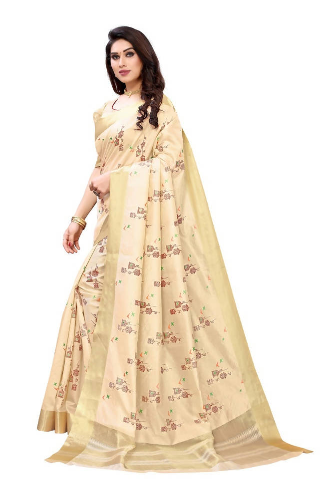 Vamika Cream Color Cotton Polyester Silk Weaving Saree | Grocsy