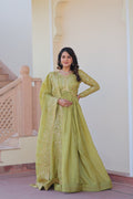 Evanik Perrot Gold-Crush Fabric with Sequins & Multi Embroidered work Gown Dupatta | Grocsy