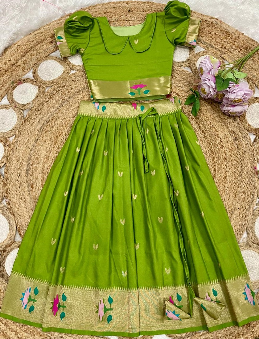Evanik Green Soft Silk Paithani Design Zari Weaving Pavadai Lehenga Choli For Kids | Grocsy