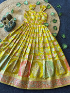 Evanik Festive Wear Green Dola Silk zari and thread weaving Gown With Pink Koti | Grocsy