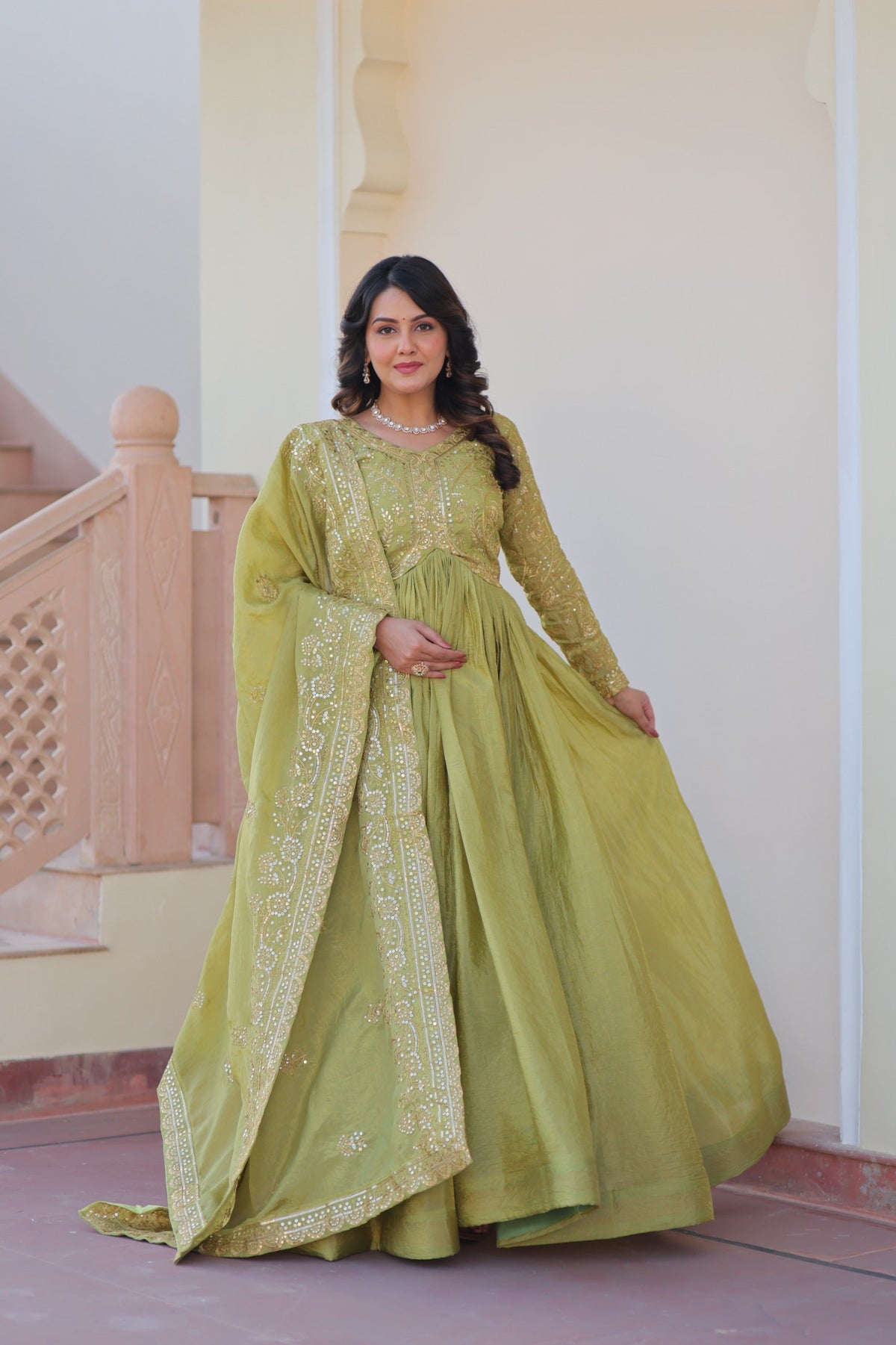 Evanik Perrot Gold-Crush Fabric with Sequins & Multi Embroidered work Gown Dupatta | Grocsy