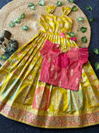 Evanik Festive Wear Green Dola Silk zari and thread weaving Gown With Pink Koti | Grocsy