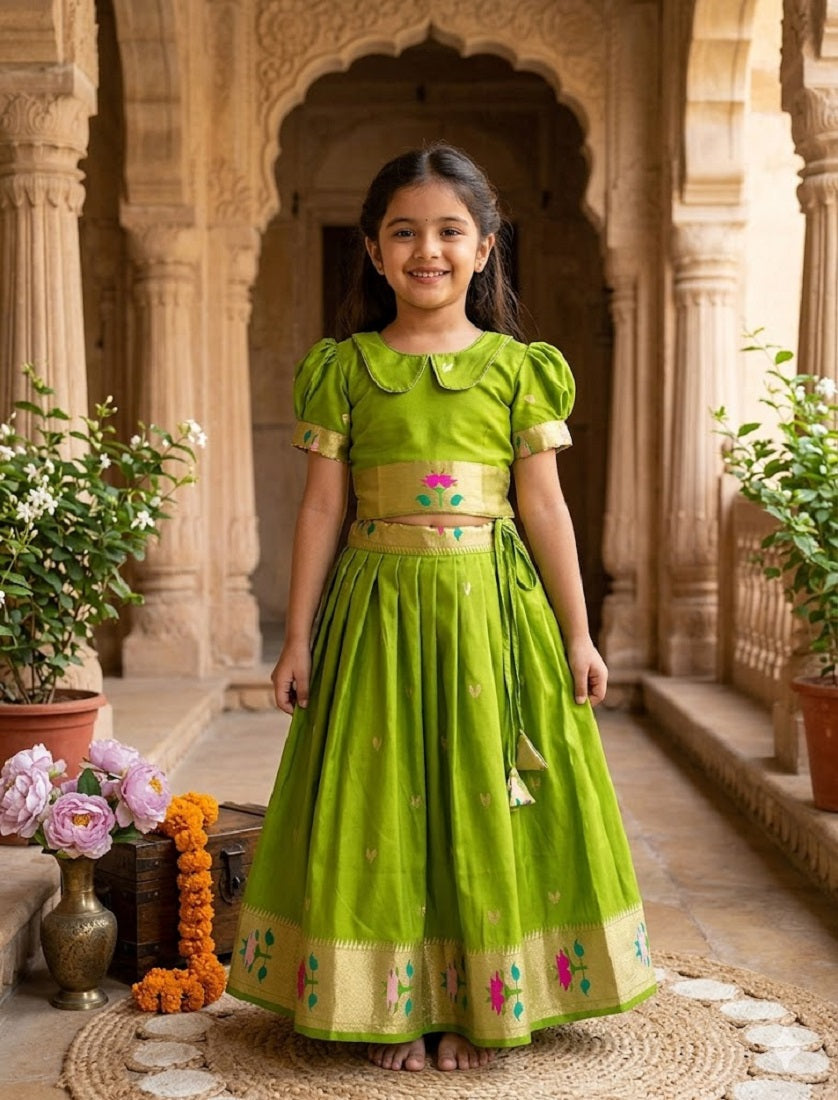 Evanik Green Soft Silk Paithani Design Zari Weaving Pavadai Lehenga Choli For Kids | Grocsy