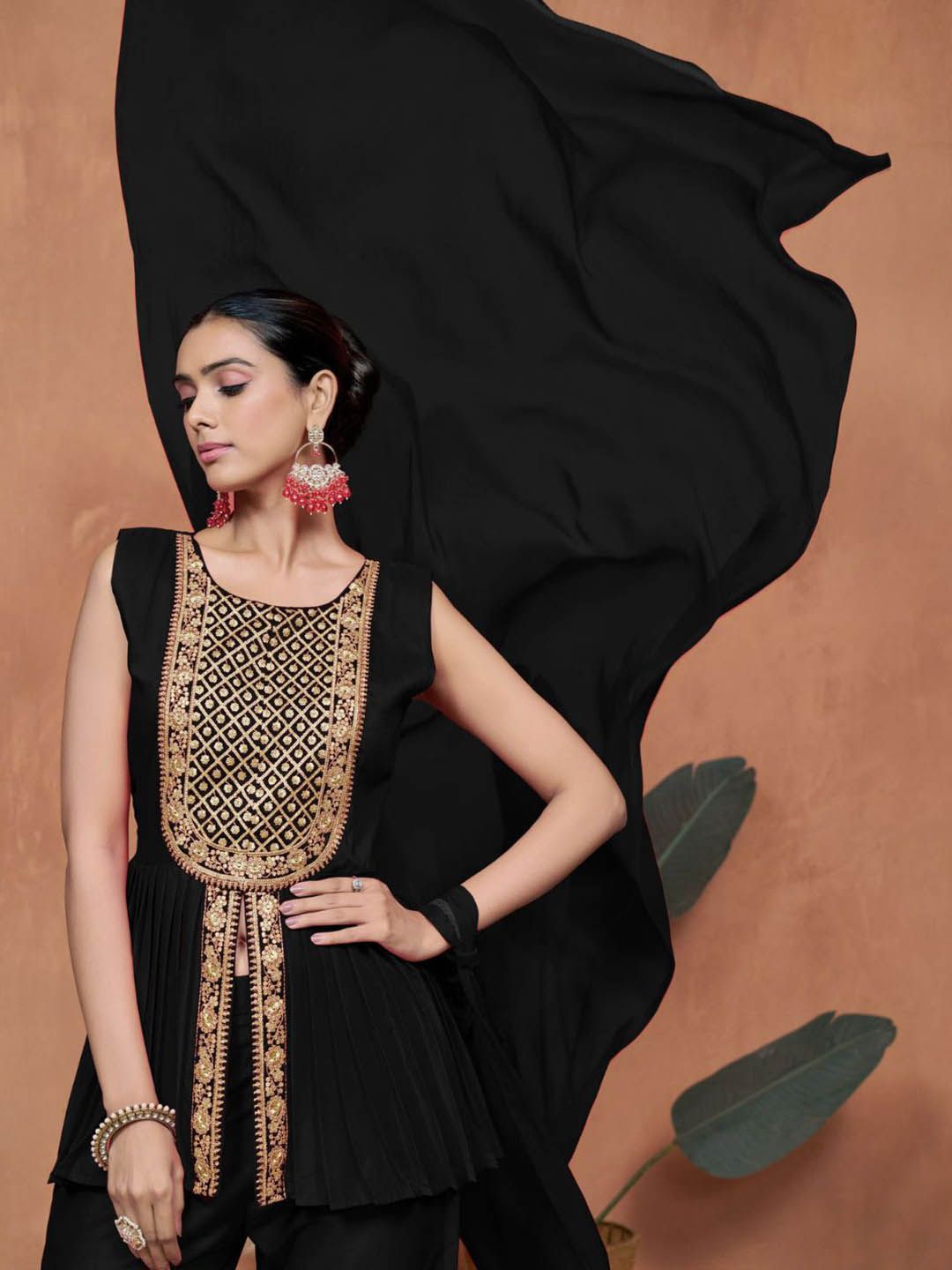Sangria Embroidered A-line Kurta & Palazzo With Dupatta | Grocsy