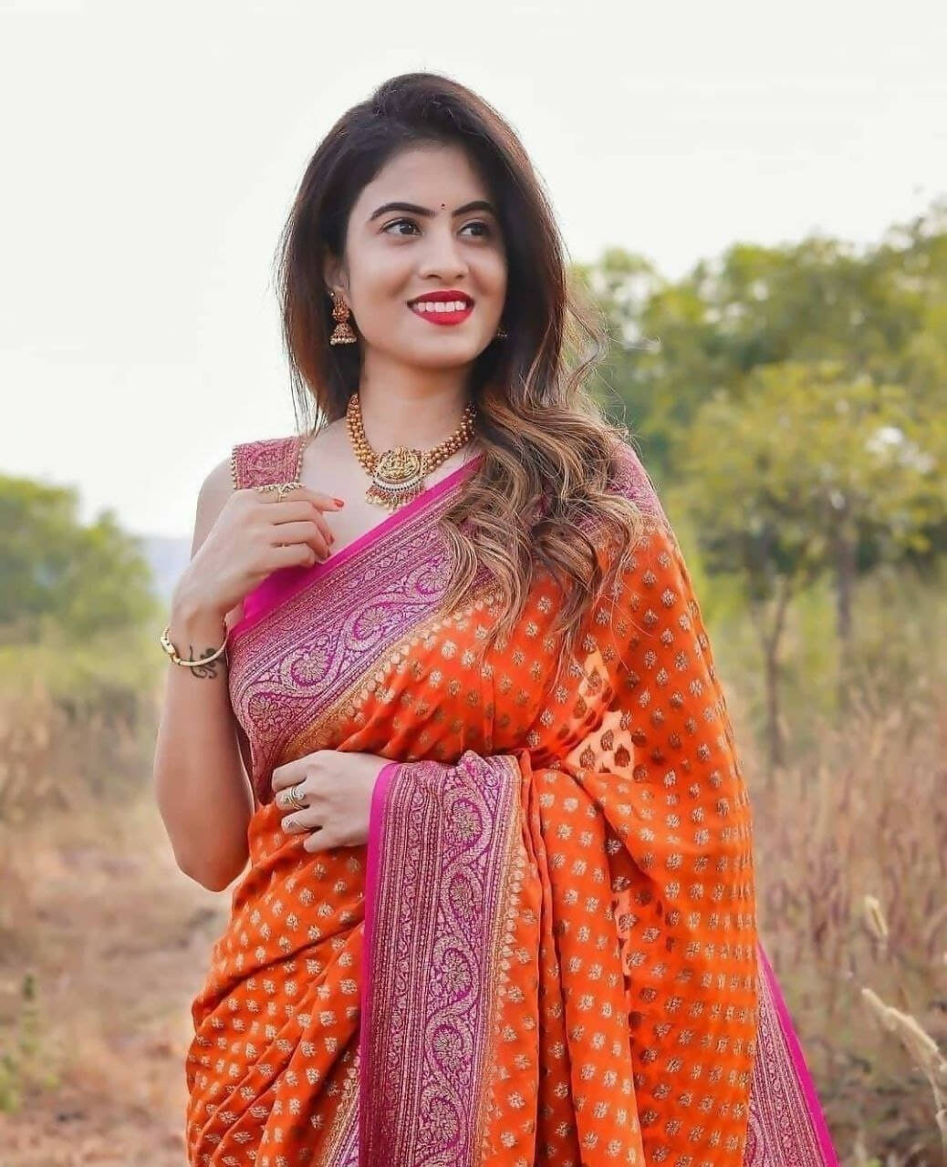 DEIANA'S Beautiful Designer Golden zari Soft Lichi Silk Saree - Orange | Grocsy