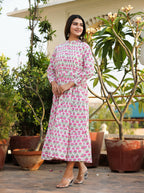 Kaajh Women's Pink Floral Print Cotton Handblock Dress | Grocsy