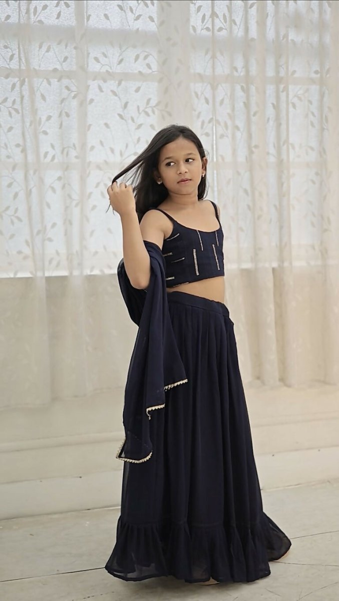 Aayaa Designer Embroidery Thread With Sequance Work Kids Lehenga Choli - Blue | Grocsy