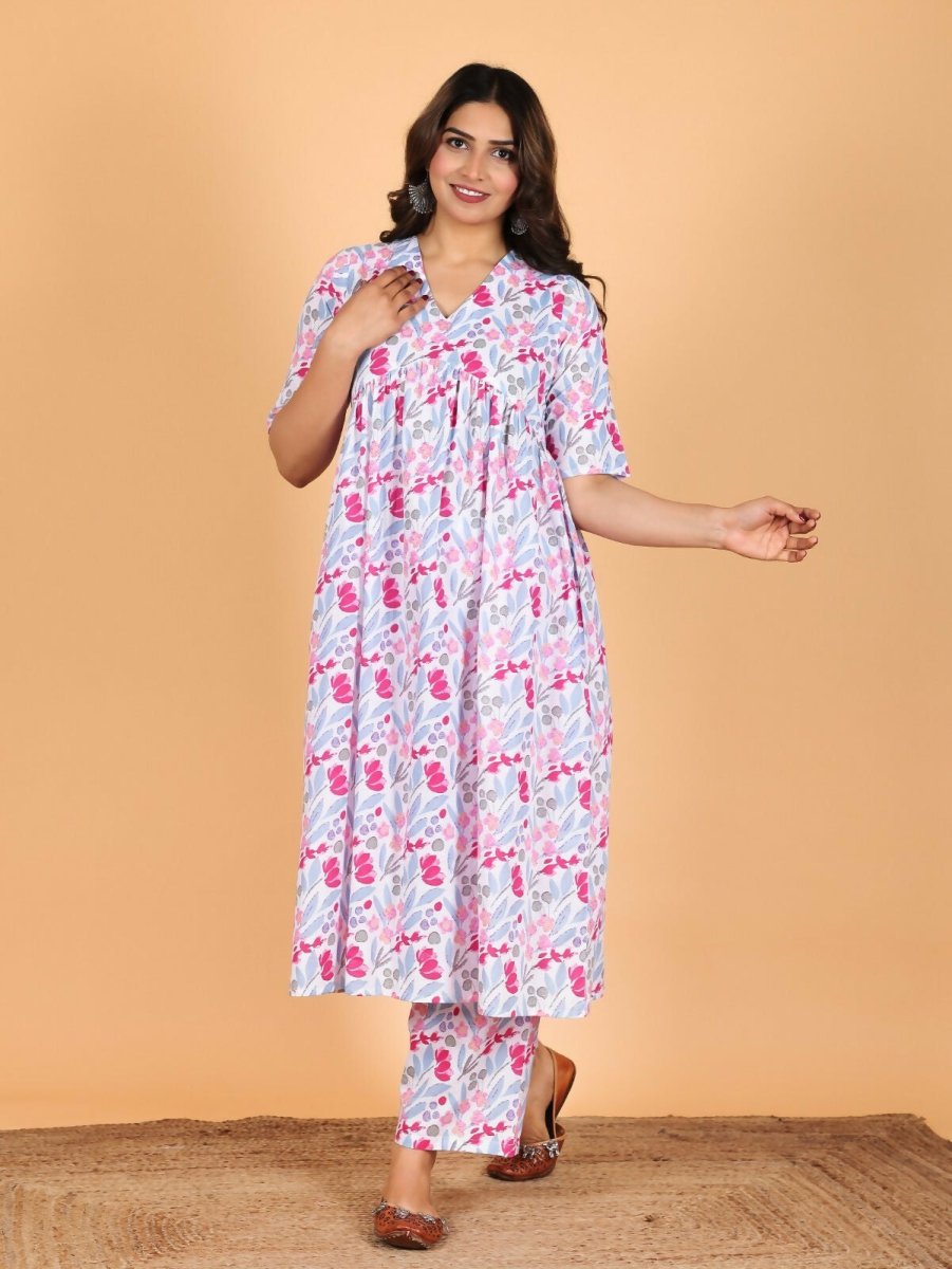 Aramya Pink Soft Cotton Floral Anarkali Kurta for Women | Grocsy