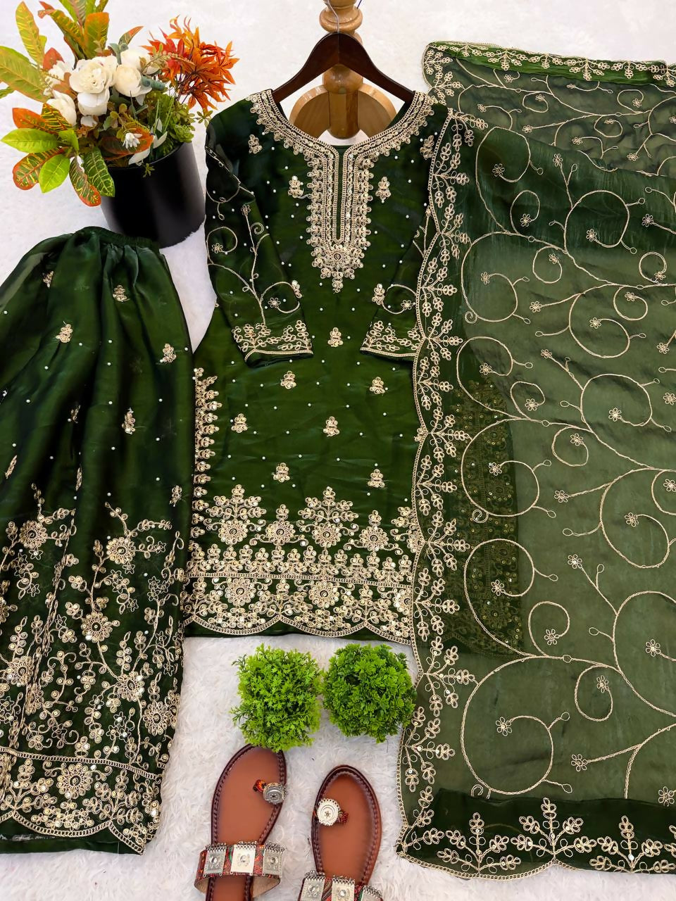 Teeya Creation Green Color Gymmi Silk Embroidery Work Wedding Wear Sharara Set | Grocsy
