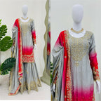 The52 Women's Beautiful Chinon silk Fabric Embroidery Work Straight Kurta Palazzo and Dupatta Set | Grocsy