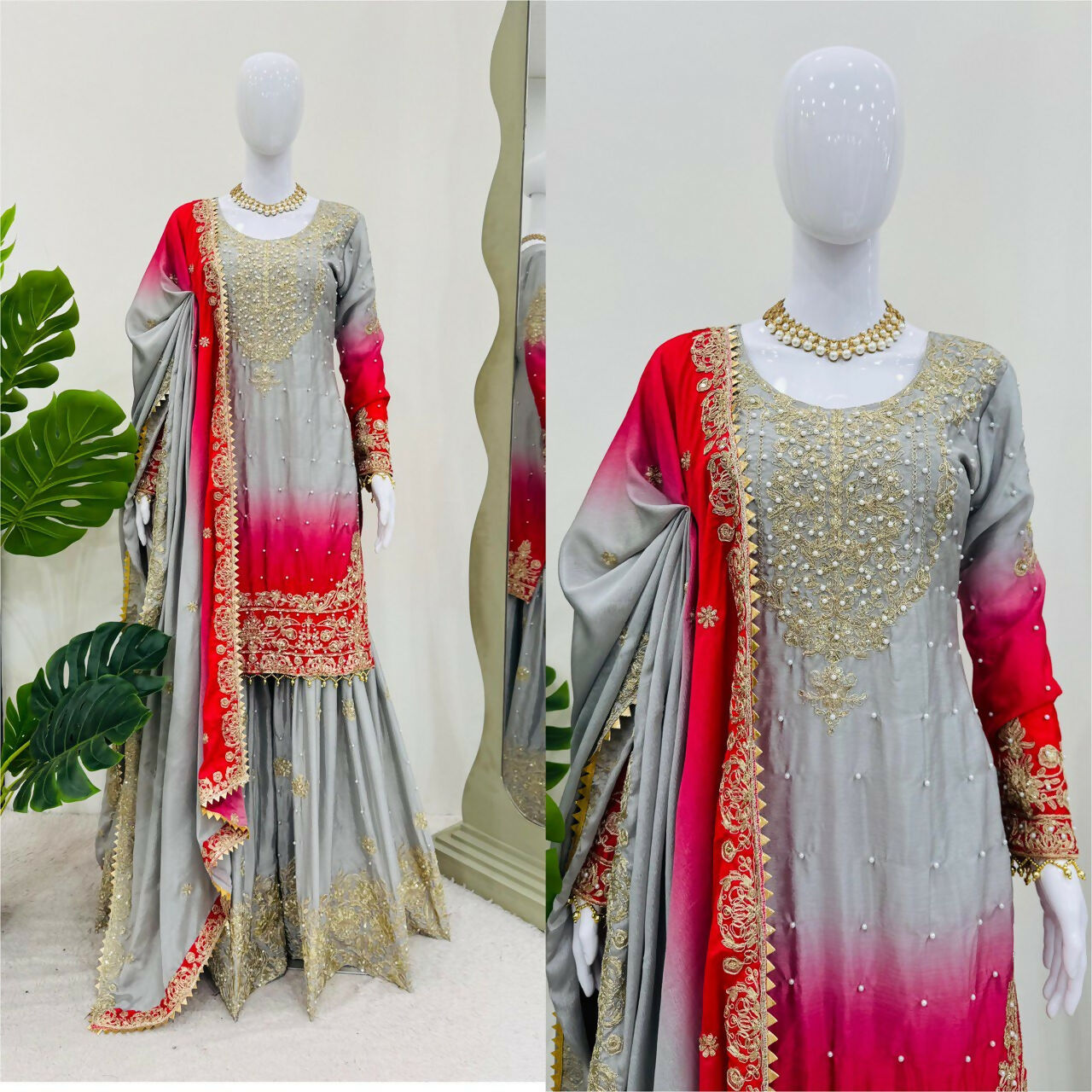 The52 Women's Beautiful Chinon silk Fabric Embroidery Work Straight Kurta Palazzo and Dupatta Set | Grocsy