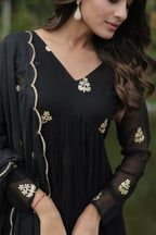 Jyoti Fashion Women's Black Faux Blooming Embroidered Kurta with Trouser & Dupatta | Grocsy
