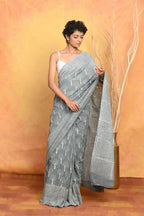 Very Much Indian Handblock Printed Cotton Saree With Natural Dyes - Grey | Grocsy