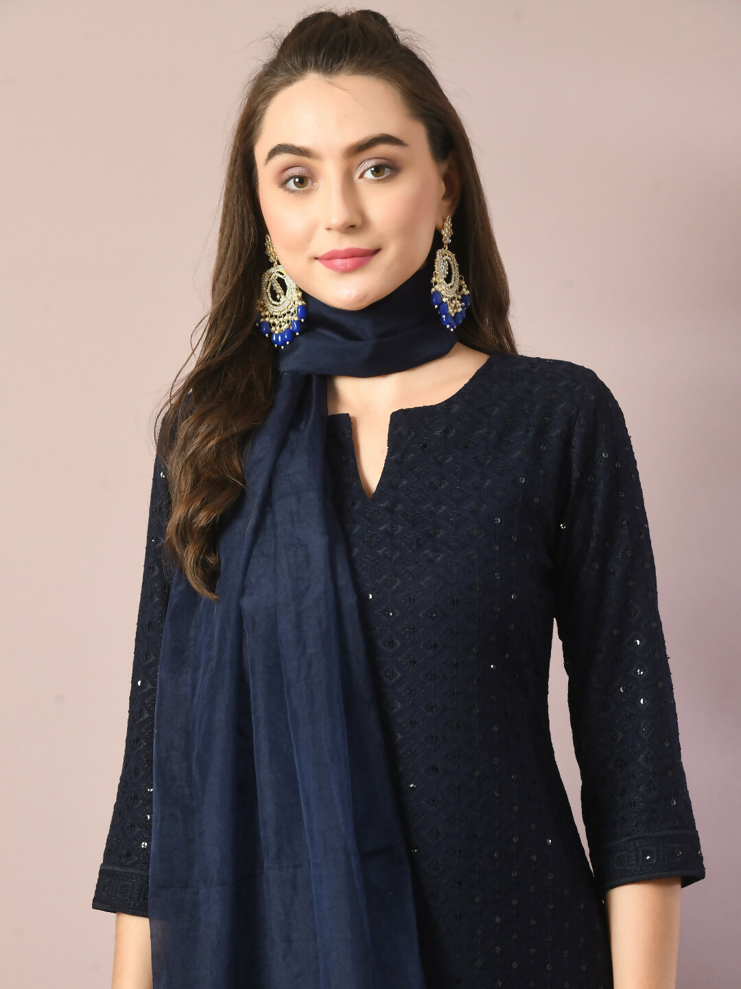 Myshka Women's Navy Blue Embroidered Cotton Straight Party Kurta Set With Dupatta | Grocsy