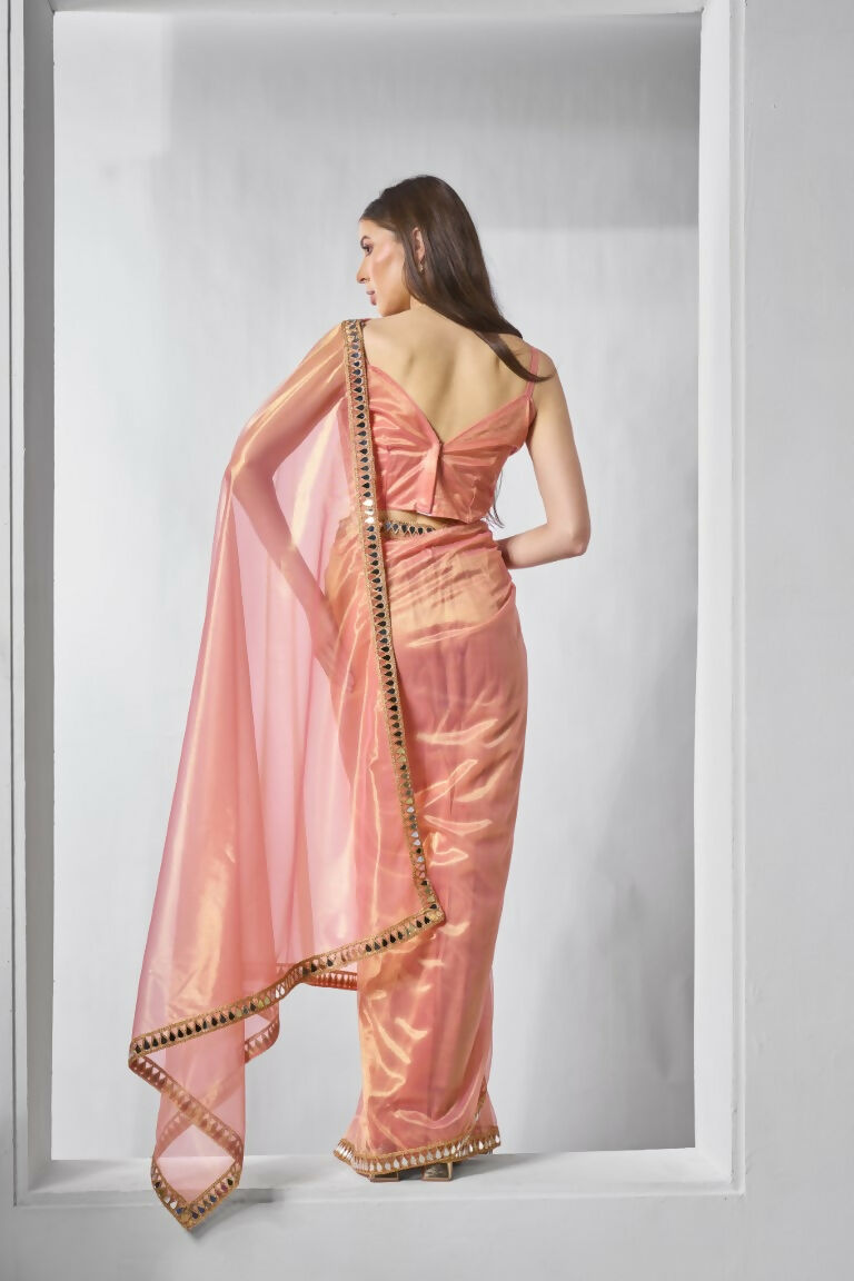 Orange Gold Tissue Net Solid & Gold Cotted Saree - Samaa | Grocsy
