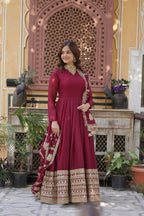 Vastranavya Star Georgette with Embroidery Zari Sequins-work Gown & Dupatta - Maroon | Grocsy