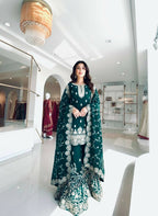 Teeya Creation Teal Pure Silk Gimmy Silk Heavy Embroidery Work Wedding Wear Palazzo Pair | Grocsy
