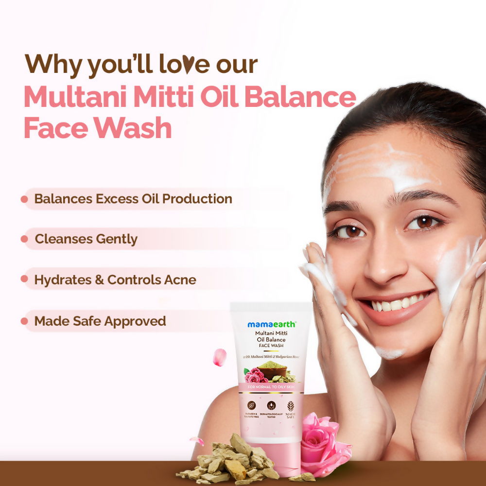 Mamaearth Multani Mitti Oil Balance Face Wash With Multani Mitti & Bulgarian Rose | Grocsy
