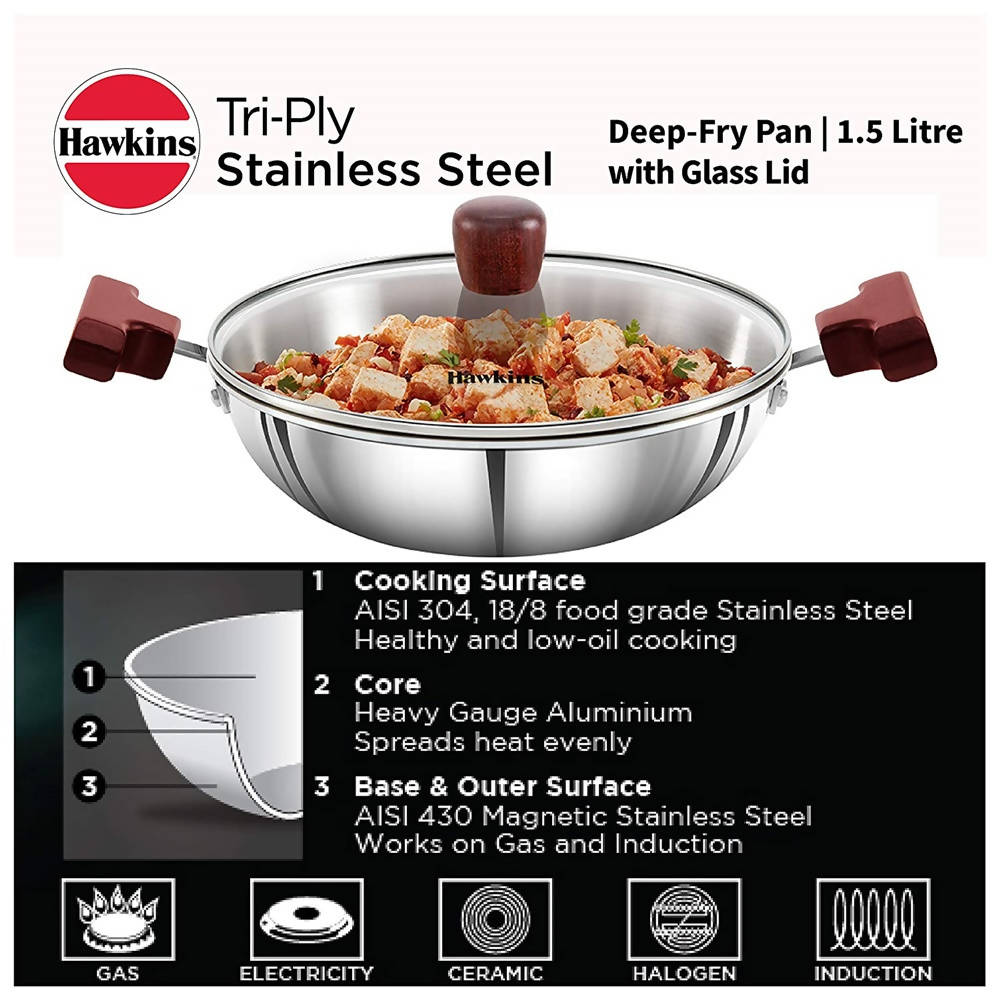 Hawkins Tri-Ply Stainless Steel Deep-Fry Pan with Glass Lid Silver (SSD15G) | Grocsy