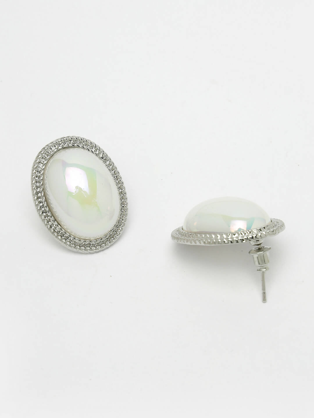 NVR Women's Silver Plated Oval Stud Earrings | Grocsy