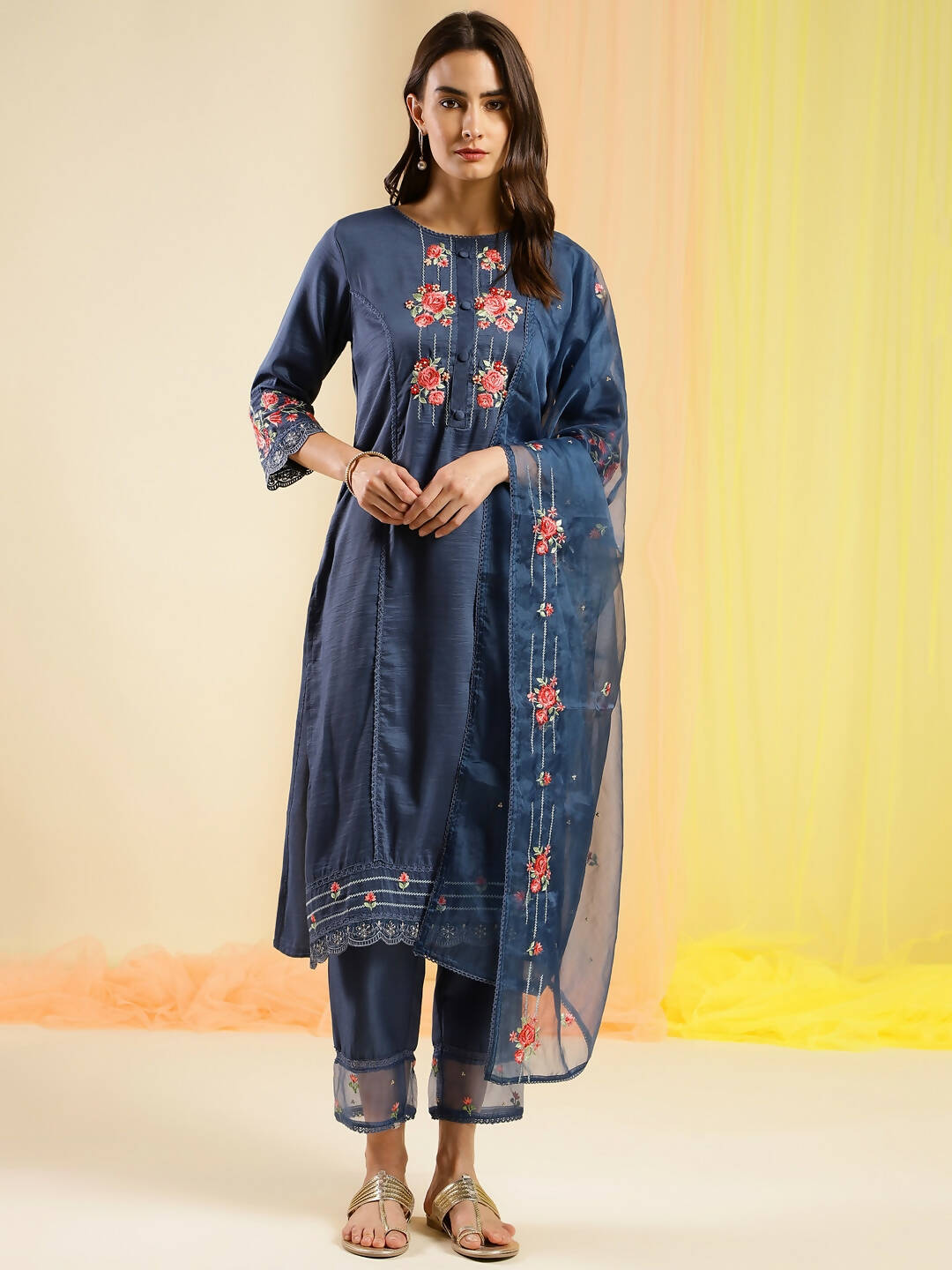 Navy Blue Chinon Embroidered Straight Kurta with Trouser & Dupatta - Salimar | Grocsy