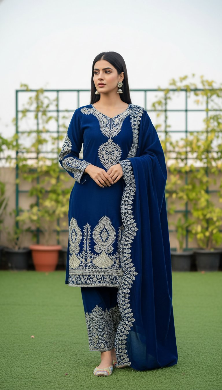 Teeya Creation Blue Color Velvet Designer Embroidery Work party Wear Suit | Grocsy