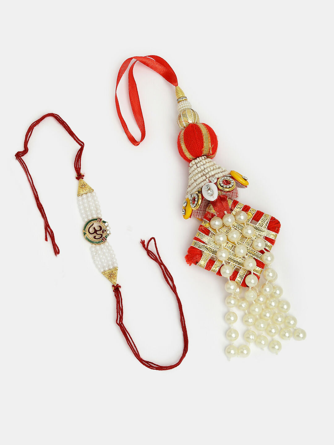 NVR Women & Men Set of 2 White Pearl Bhaiya Bhabhi Rakhi With Roli Chawal & Chocolate | Grocsy