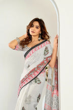 Vastranavya Green Digital Printed Linen Ready To Wear Designer Saree with Unstitched Blouse | Grocsy