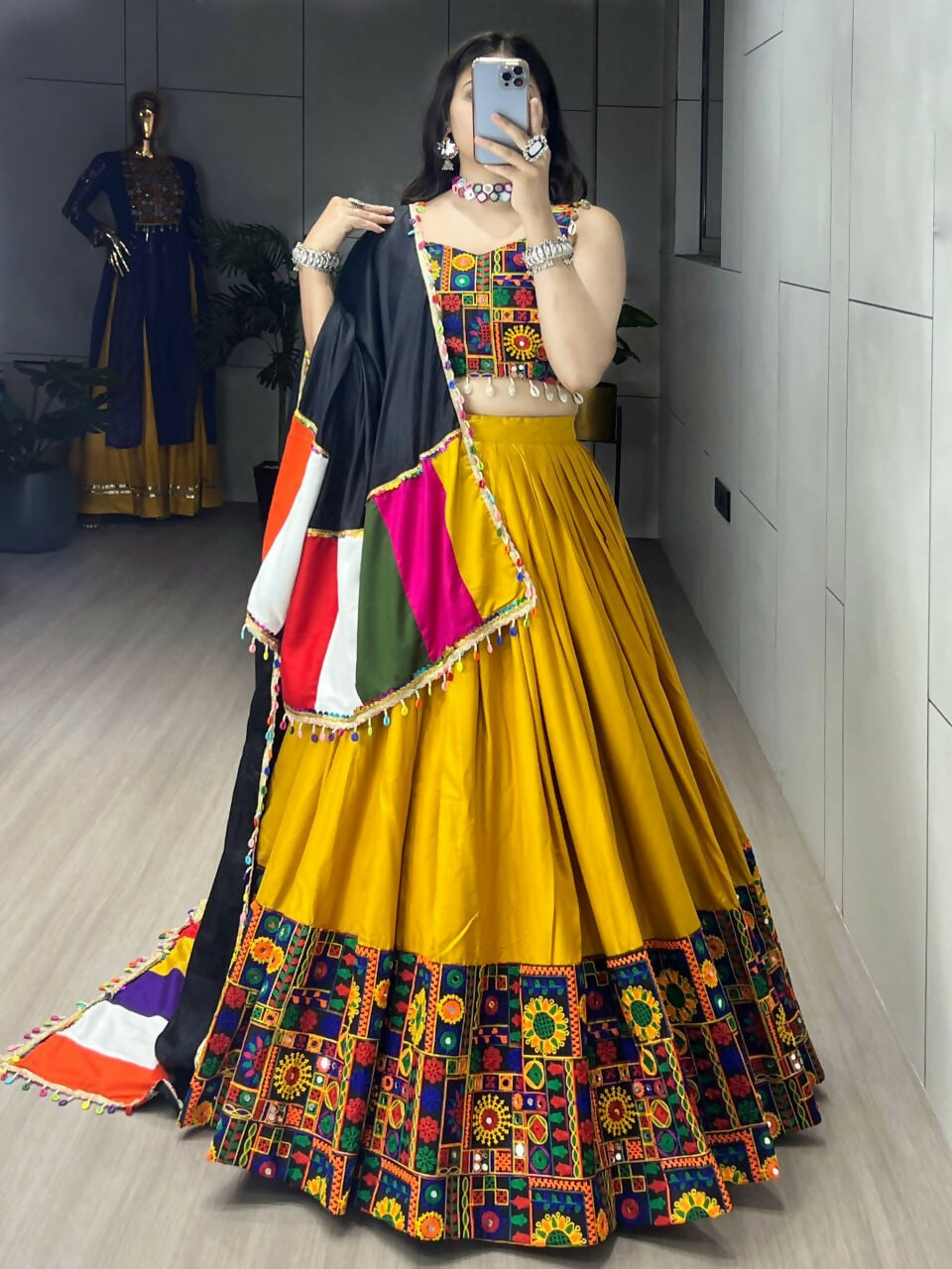 Yash Enterprise Mustard Rayon Cotton Embroidery Semi Stitched Navratri Chaniya Choli | Grocsy