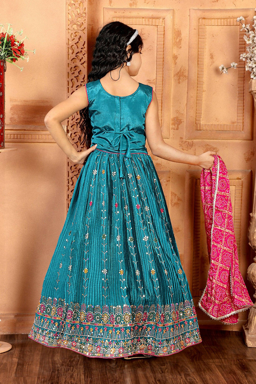 Kids Functional Designer Firozi Chinon Fab Lehenga choli - Aaradhna | Grocsy