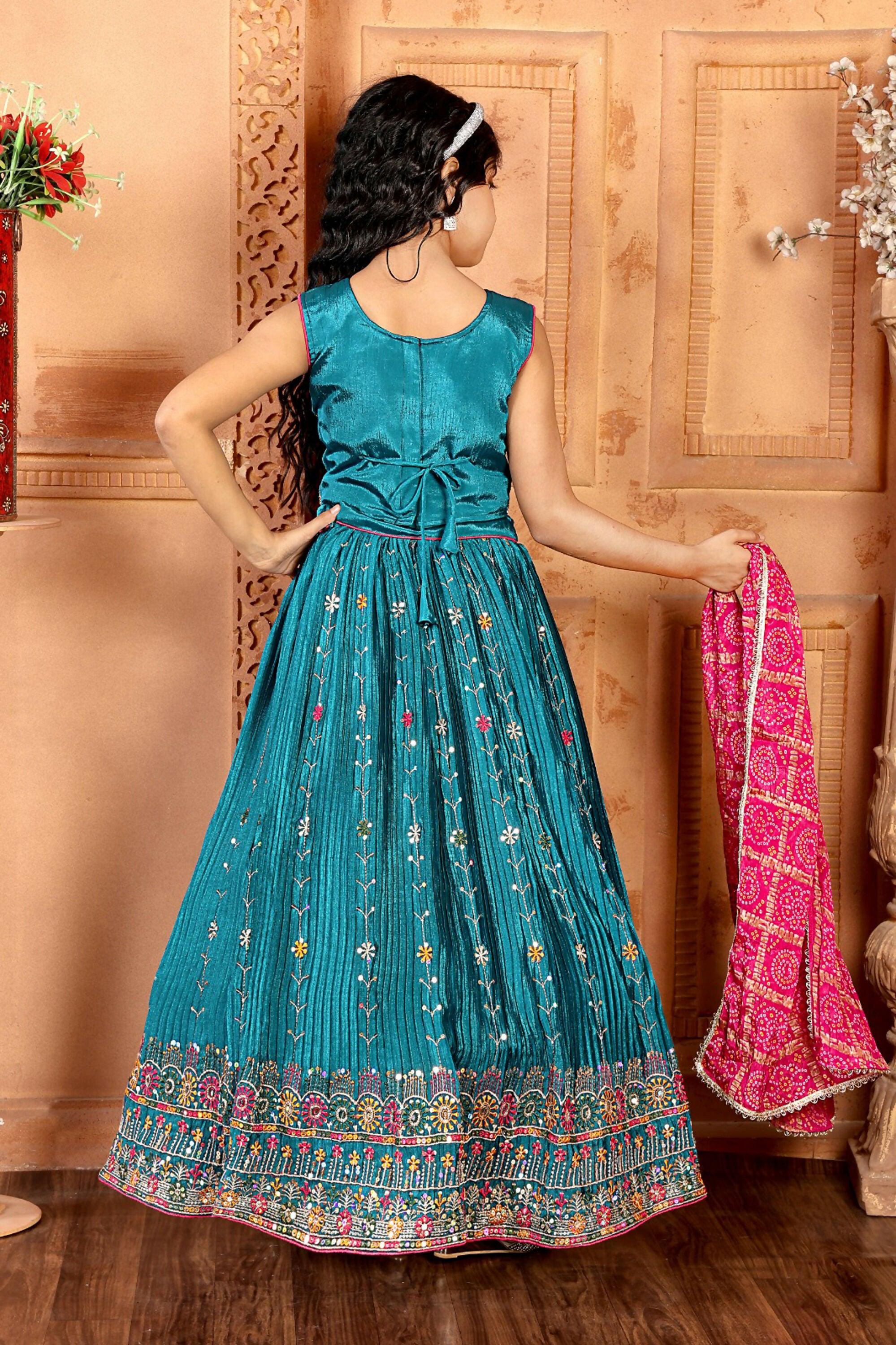 Kids Functional Designer Firozi Chinon Fab Lehenga choli - Aaradhna | Grocsy
