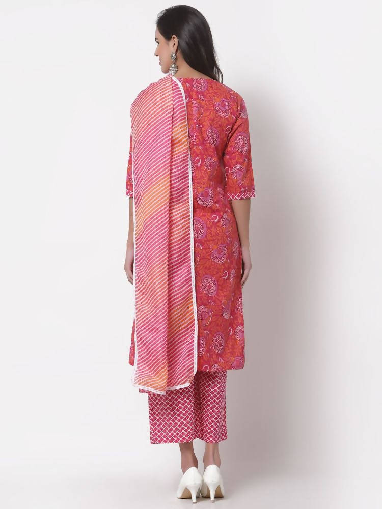 Myshka Women's Cotton Printed 3/4 Sleeve Round Neck Casual Pink Kurta Pant Dupatta Set | Grocsy