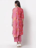Myshka Women's Cotton Printed 3/4 Sleeve Round Neck Casual Pink Kurta Pant Dupatta Set | Grocsy