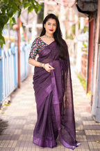 Purple Linen Sequence Saree with Unstitched Blouse - Hiral Fashion | Grocsy