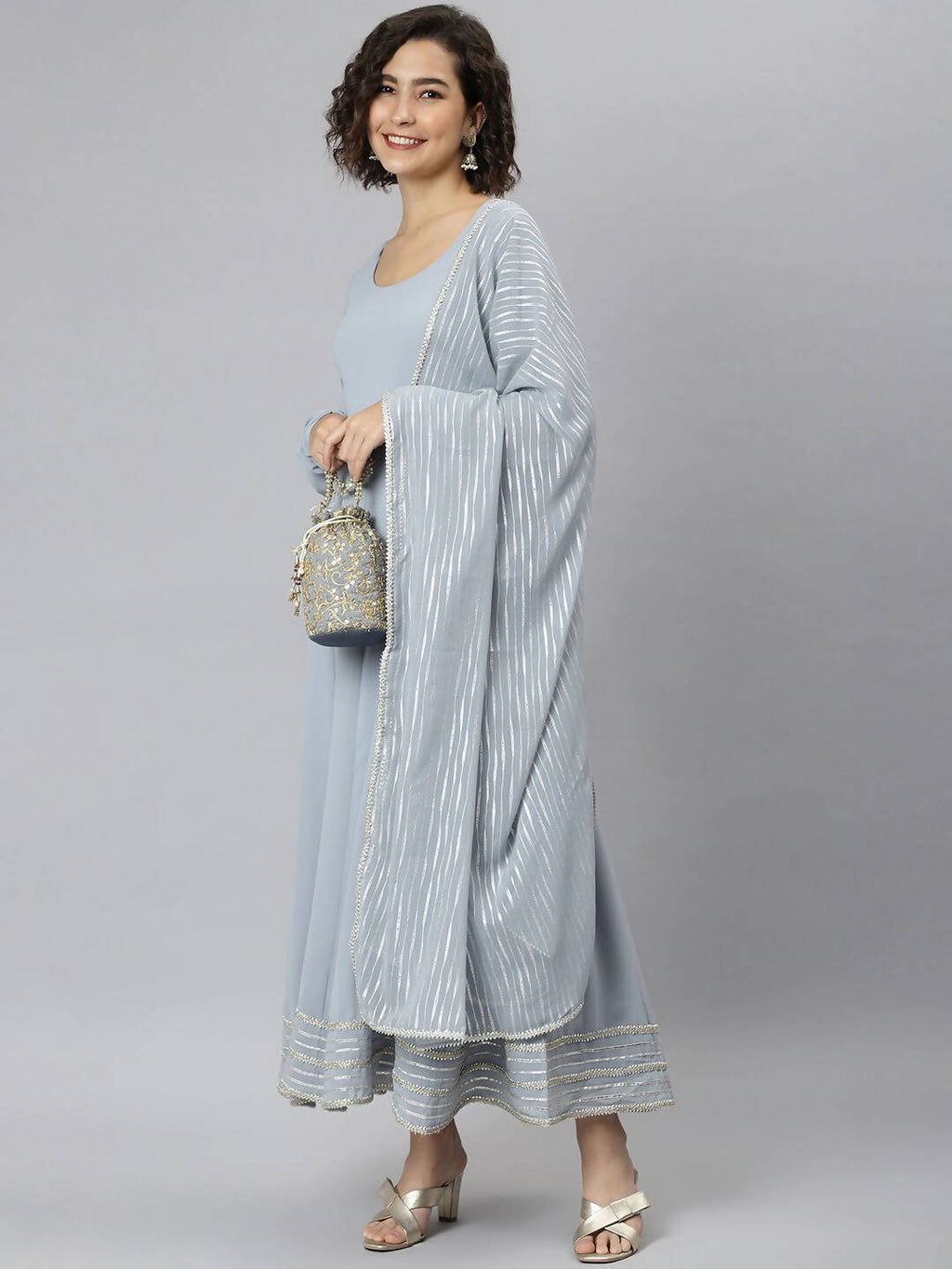 Janasya Women Grey Flared Sleeves Gotta Patti Georgette Anarkali Kurta | Grocsy