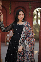 Jyoti Fashion Women's Black Faux Blooming Sequence Zari Embroidered Anarkali Dress with Dupatta | Grocsy