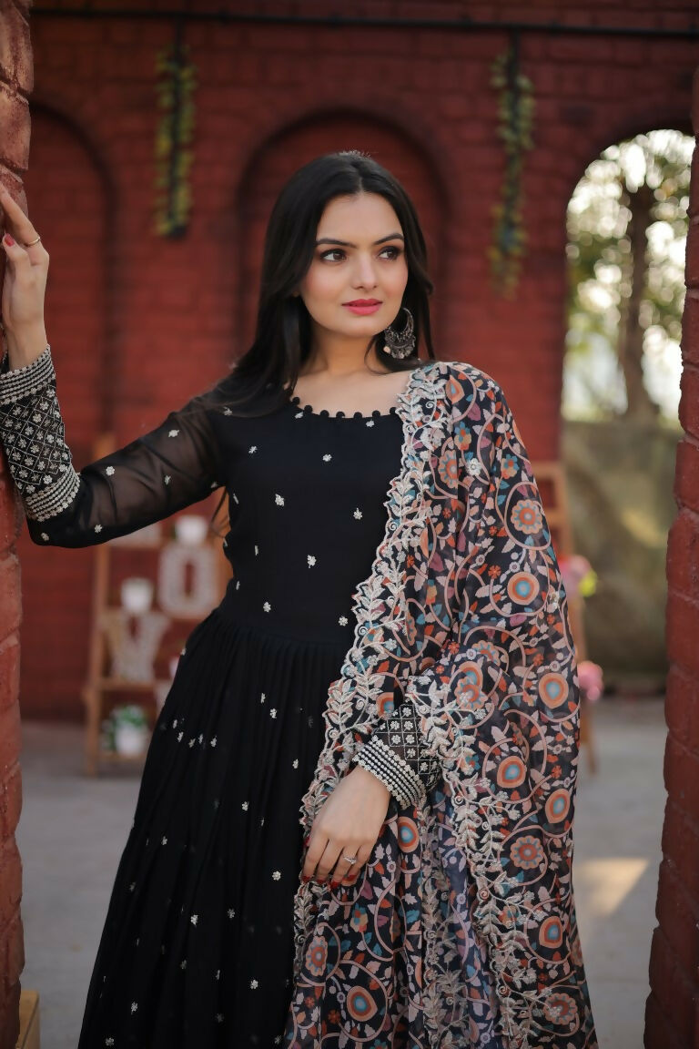 Jyoti Fashion Women's Black Faux Blooming Sequence Zari Embroidered Anarkali Dress with Dupatta | Grocsy