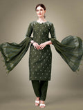 Jyoti Fashion Women's Dark Green Cotton Blend Embroidery & Sequence work Kurta with Trouser & Dupatta | Grocsy