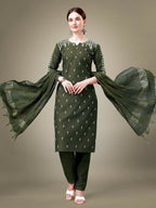 Jyoti Fashion Women's Dark Green Cotton Blend Embroidery & Sequence work Kurta with Trouser & Dupatta | Grocsy