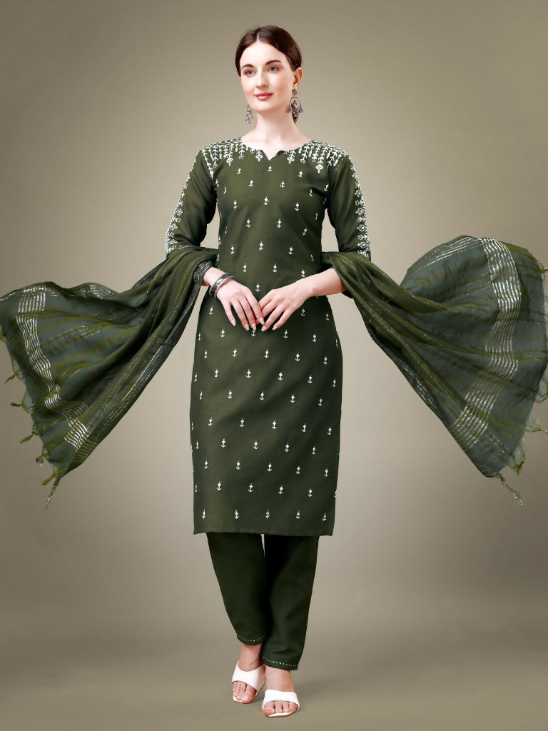 Jyoti Fashion Women's Dark Green Cotton Blend Embroidery & Sequence work Kurta with Trouser & Dupatta | Grocsy