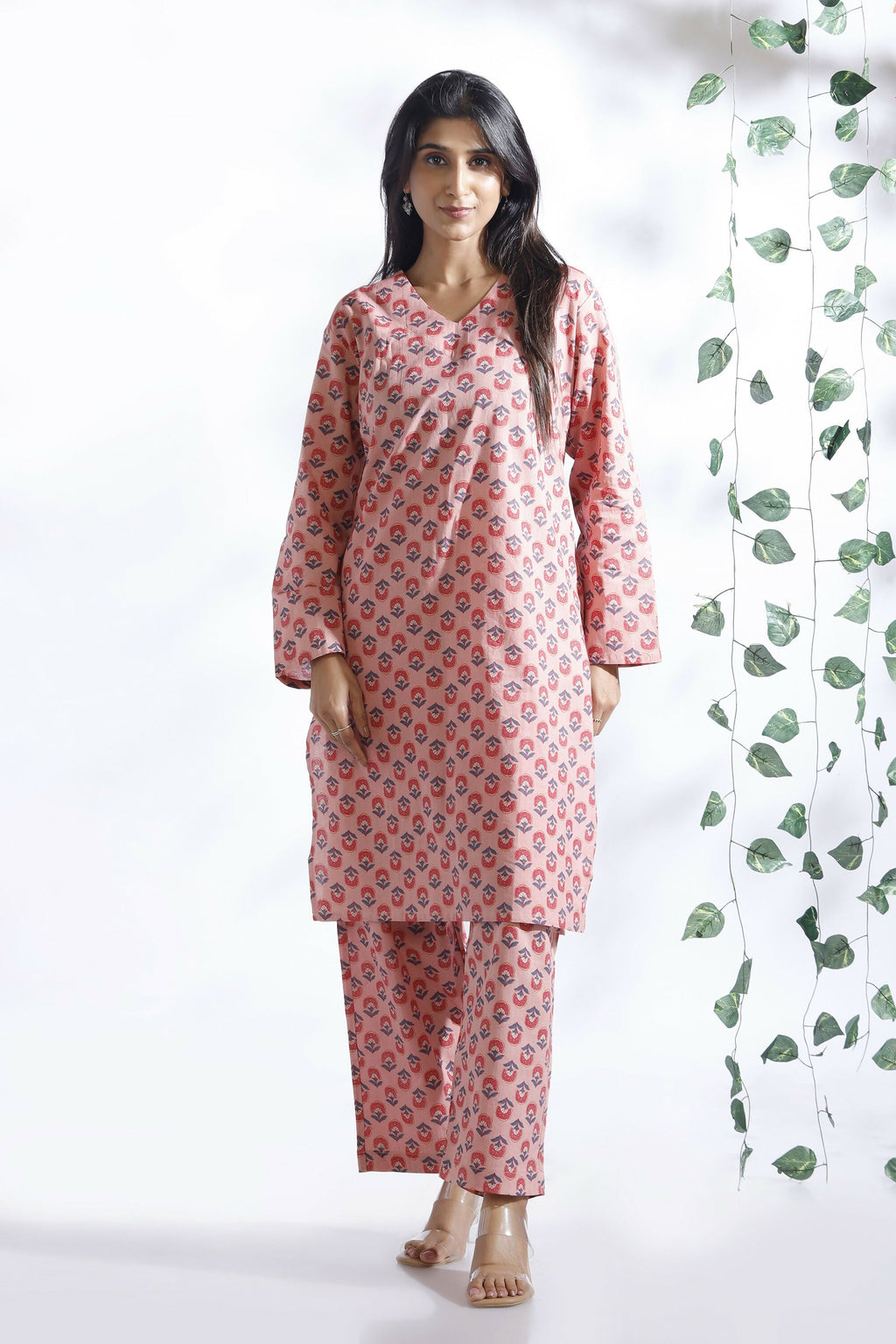 Breathables Women’S Loungewear Long Kurta Co-Ord Set Cotton Pink Indian Motif Butta Print | Grocsy
