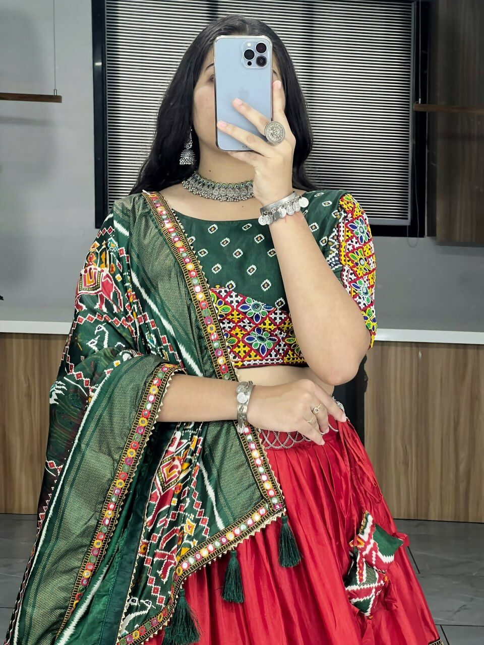 Yash Enterprise Red Dhola Silk Embroidery Semi Stitched Navratri Chaniya Choli | Grocsy