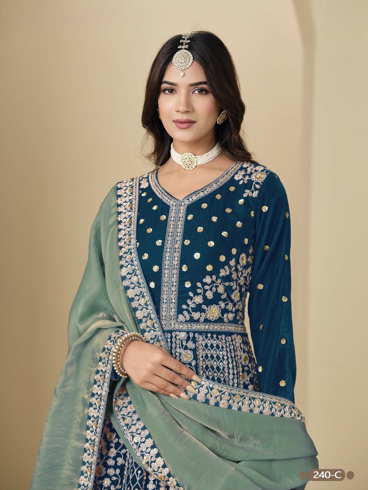 Anaita Teal Velvet Anarkali Suits With Heavy Embroidery Work | Grocsy