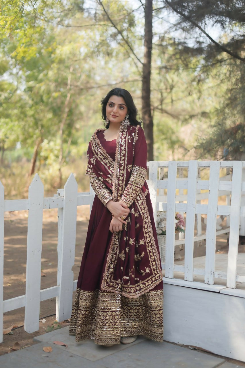 Vastranavya Premium Vichitra Shimmer with Rich Sequins Embroidered work Gown & Dupatta - Dark Maroon | Grocsy