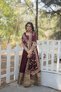 Vastranavya Premium Vichitra Shimmer with Rich Sequins Embroidered work Gown & Dupatta - Dark Maroon | Grocsy
