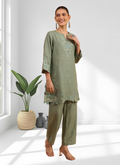 Joban Fashion Pista Green Linen Embroidered Readymade Cord Set | Grocsy