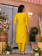 Juniper Women's Yellow Thread Embroidered Viscose Kurta Pant And Dupatta Set With Zari Work | Grocsy